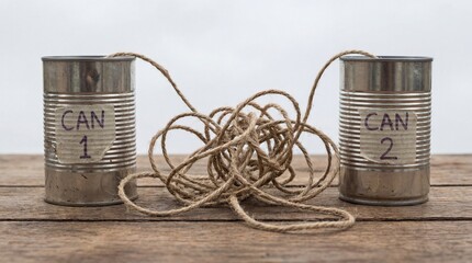 Tin can telephone on a wooden surface, symbolizing communication and connection.