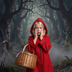 Naklejka premium Young Girl in Red Hooded Cloak Lost in a Dark Enchanted Forest with Basket