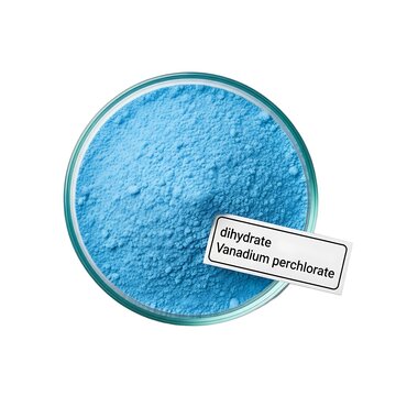 A close-up view of a glass container filled with blue vanadium perchlorate powder and labeled dehydrate Vanadium perchlorate on a plain surface