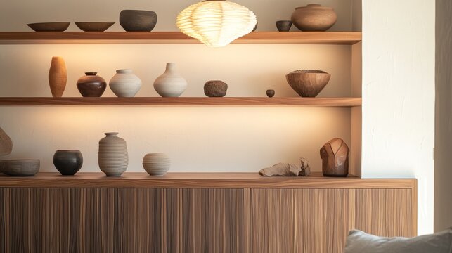 Vertically-framed interior shot capturing zen-like living area featuring walnut cabinet with clean lines, artfully arranged shelves showcasing handmade pottery and minimalist sculptures, designer