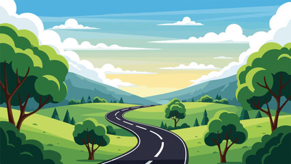 Obraz premium A winding road through a picturesque landscape of rolling hills, trees, and sky