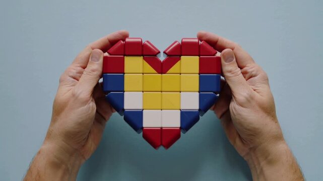 Hands assembling a colorful heart made of interlocking blocks shape
