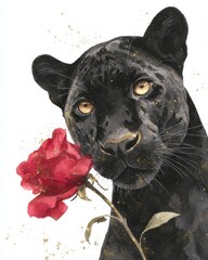 Elegant watercolor black panther holding red rose luxury fashion