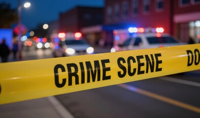 Crime Scene Investigation: Yellow Tape Barrier with Police Car Emergency Lights in the Background