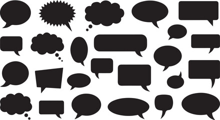 Fototapeta premium A diverse collection of solid black speech bubble silhouettes in various shapes and sizes for comic and communication design.