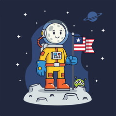 Cartoon astronaut on moon with flag and alien, surrounded by stars © Bunyanun