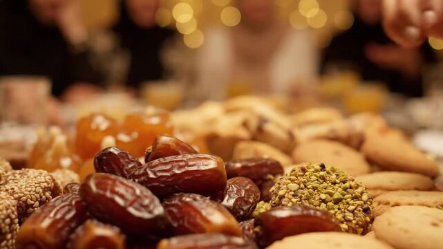 Close-up shots of a festive platter filled with dates, cookies, and sweets dominate the frame. Guests gathered in the blurry background enjoy the night while hands reach in to pick up traditional dri