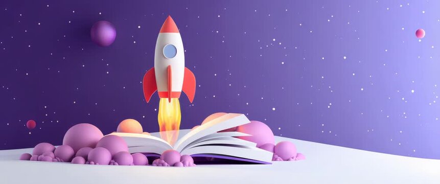 A red and white rocket launches from an open book surrounded by spheres under a starry purple sky, symbolizing back to school education and imaginative learning dreams