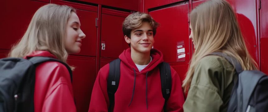 Three young students smiling and conversing in a school hallway with red lockers, embodying a back to school education and learning background