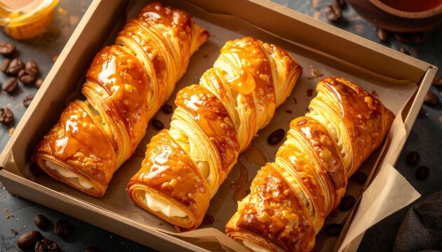 Quesitos twisted puff pastry filled with sweet cream cheese and honey glaze