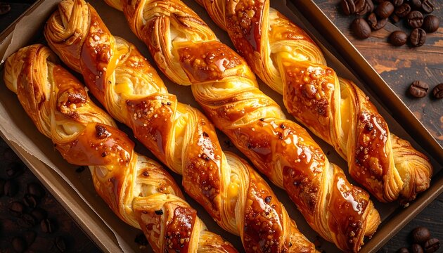 Quesitos twisted puff pastry filled with sweet cream cheese and honey glaze