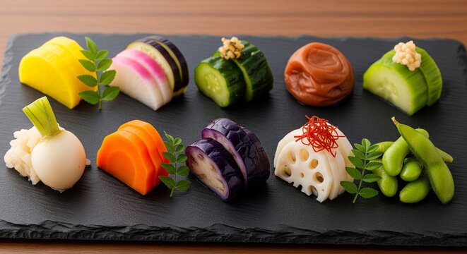 上品に盛り付けられた漬物食べ比べセットのクローズアップ