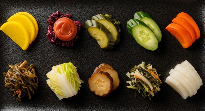 上品に盛り付けられた漬物食べ比べセットのクローズアップ