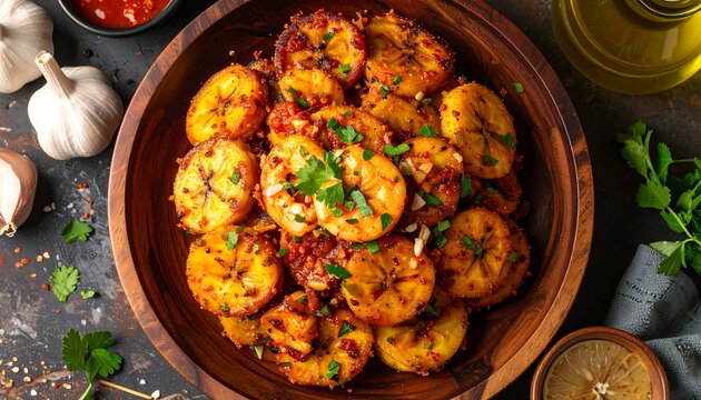 Mofongo mashed fried plantains with garlic and pork cracklings in wooden pilon