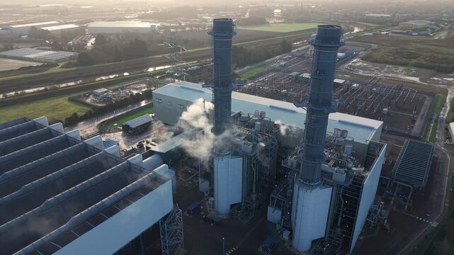 aerial perspective of the Spalding Power Station, a major CCGT (Combined Cycle Gas Turbine) facility, early morning winter UK.