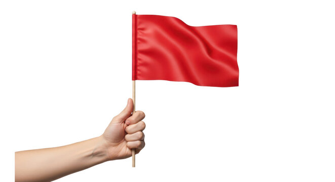 Hand holding a small waving red flag on a stick. Isolated on transparent background, png