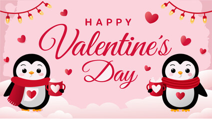 Naklejka premium Adorable penguins wishing Happy Valentine's Day with love hearts