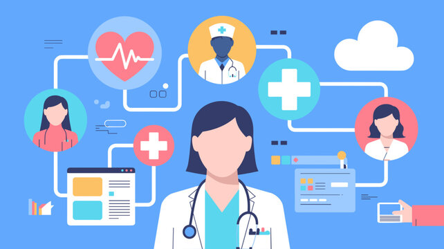 Doctor surrounded by medical icons and connected healthcare data representing integrated care and digital health services concept
