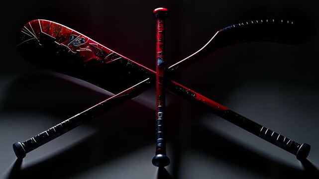 Colorful Baseball Softball Hockey Bats Crossed Together.