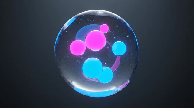 A mesmerizing loop of neon cyan and magenta spheres fluidly moving, merging, and separating within a transparent, undulating liquid orb against a dark void, creating an abstract, molecular animation.