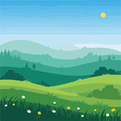 Fototapeta premium Cartoon-style illustration of a sunny day with green hills, grass, and sky