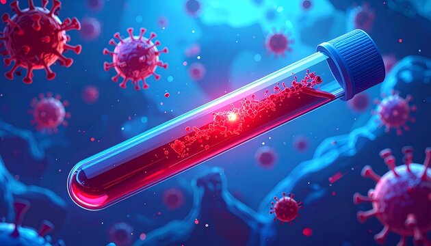 Vibrant illustration of red virus particles and organic structures surrounding a blood sample in a transparent test tube, set against a deep blue background, symbolizing medical research