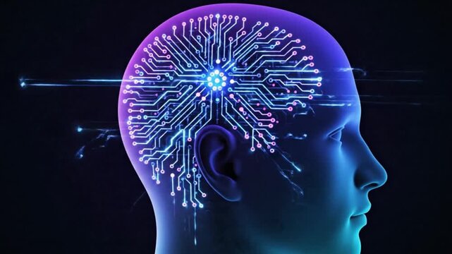 Futuristic human head with circuit board glowing inside brain on dark background