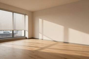Obraz premium Bright Empty Room Interior with Wooden Floor, Large Window, and Sunlight for Real Estate Marketing