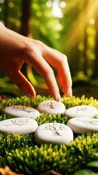 Womans Hand Performing a Mystical Ritual with Runic Stones in a Sunlit Forest.