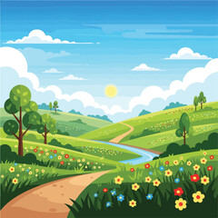 Obraz premium Cartoon-style illustration of a sunny landscape with rolling hills