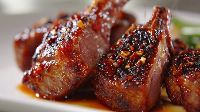 Grilled Pork Ribs with Spicy Glaze on White Plate