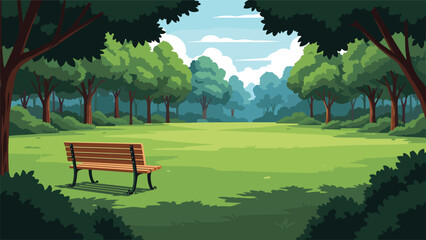Obraz premium Scenic green park landscape with a wooden bench in the foreground overlooking lush trees and a grassy field under a blue sky.