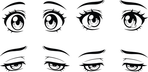 Collection of hand drawn anime eye expressions, set of various female manga eyes with different emotions, black and white line art vector sketch