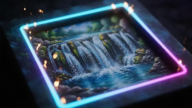 Neon Framed Waterfall Display Rotating Slowly.