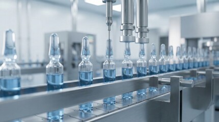 Pharmaceutical production line with ampoules filled with blue liquid,vaccine manufacturing,sterile environment and automated drug processing in modern medical industry