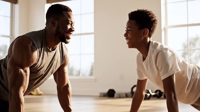 A father and his son perform push-ups in a fitness studio. They share smiles and laughter as they motivate each other. The activity builds strength and bond between them