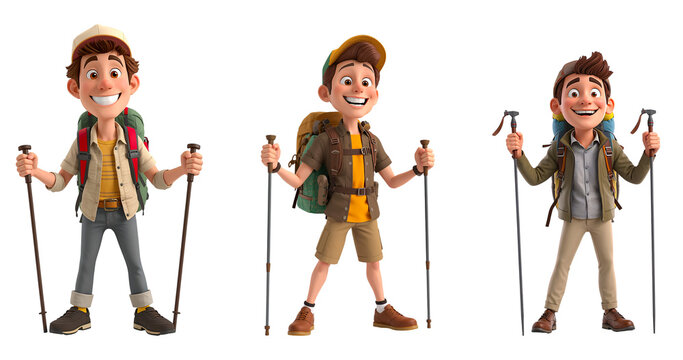Happy cartoon male tourist with backpack isolated on transparent background