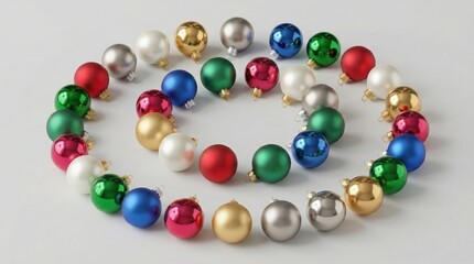 Colorful Christmas ornaments arranged in spiral on white background,featuring glossy and matte baubles in festive colors,ideal for holiday decoration and seasonal design projects