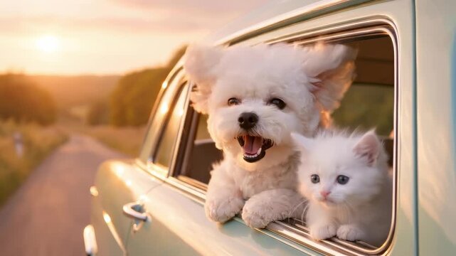 Cute white puppy and a fluffy kitten leaning out of a vintage car window together, enjoying the scenic view of a country road during a beautiful golden hour sunset on their summer vacation