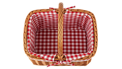 Empty Picnic Basket with Red Gingham Lining on Transparent