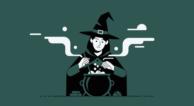 A Witch Prepares a Potion In A Cauldron For A Magical and Spooky Halloween