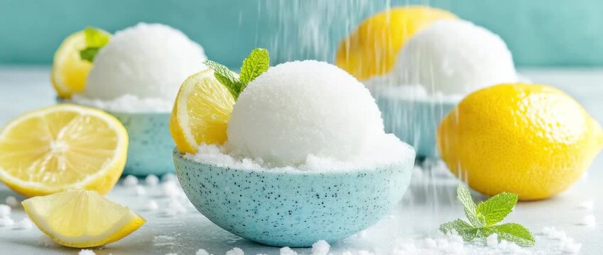 Refreshing lemon sorbet scoops garnished with fresh mint and lemon slices, with sweet crystals falling onto the dessert in ceramic bowls