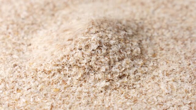 Psyllium husk (Ispaghula) falling down close up. Dietary fiber product