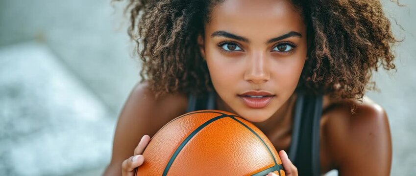 Determined young woman with curly hair holding an orange basketball looking directly at the viewer