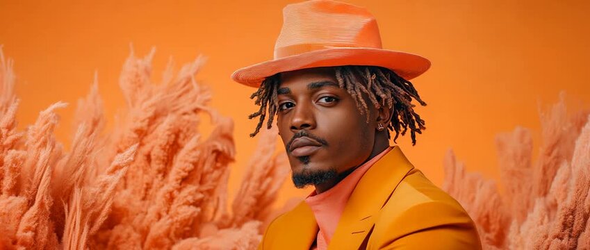 Confident man in an orange hat and suit with dreadlocks posing against a matching orange background featuring fluffy decorative plants