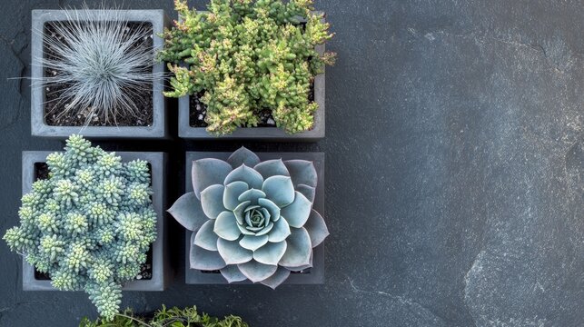 Modern minimalist concrete planters in geometric shapes housing structural plants including echeveria succulents, ornamental grasses and trailing silver dichondra, arranged on textured slate