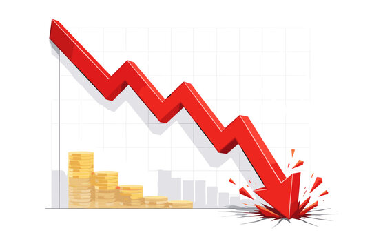 Red arrow crashing down on stacks of coins, financial recession