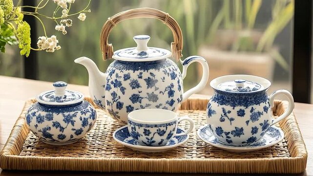 A vintage tea set with floral patterns on a wooden tray.