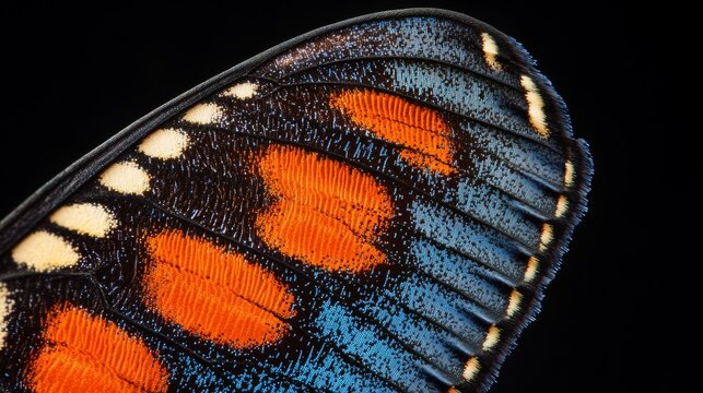 Breathtaking scientific macro photograph of Junonia butterfly wing section featuring brilliant azure central area blending into rich burnt-orange border regions, isolated on light-absorbing black