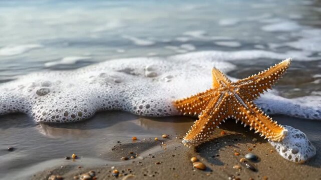 A starfish resting on a sandy beach, with the ocean waves gently lapping at the shore. The starfish's intricate details are highlighted by the sunlight